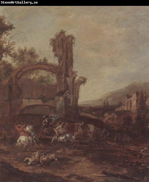 unknow artist An architectural capriccio with a cavalry engagement,a landscape beyond